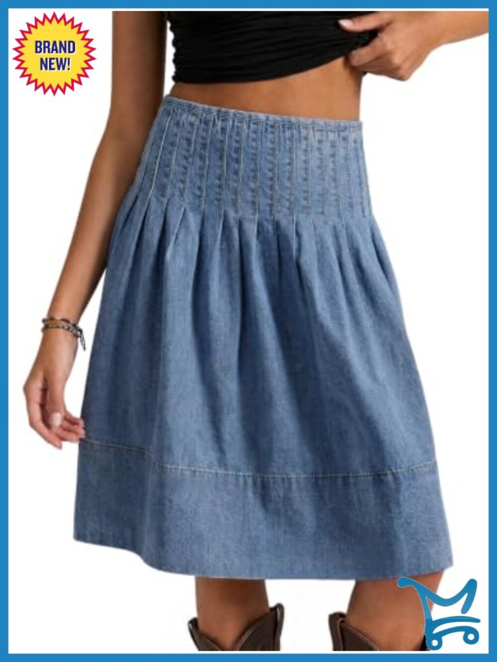 Womens Pleated Denim Midi Skirt High Waisted Casual A-Line Knee Length